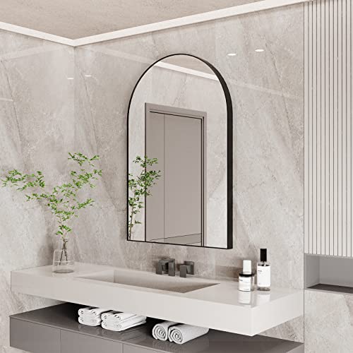 LUVODI Espejos Decorativos de Pared Espejo Baño Pared en Forma de Arco 90x60 cm con Marco Negro Metal Cepillado Antioxidante y Vidrio Plateado HD para Tocador Recibidor de Entrada Salón Habitación