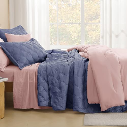 Image of Litanika King Size Quilt Bedding Set, Dark Blue Grey Summer Lightweight Soft Comforter Bedspreads & Coverlets, Boho Farmhouse Bedding Cover Bed Decor All Season, 3 Pieces (1 Quilt & 2 Pillowcases)