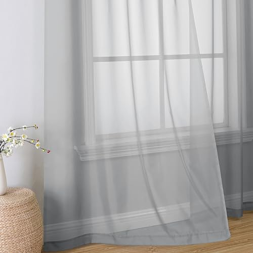 Image of Simplebrand Light Grey Sheer Curtains 96 Inches Long, Light Filtering Silver Grey Rod Pocket Solid Color Window Sheer Curtain Panels, Elegant Curtains & Drapes for Living Room, Bedroom 2 Panels, 42 inch W