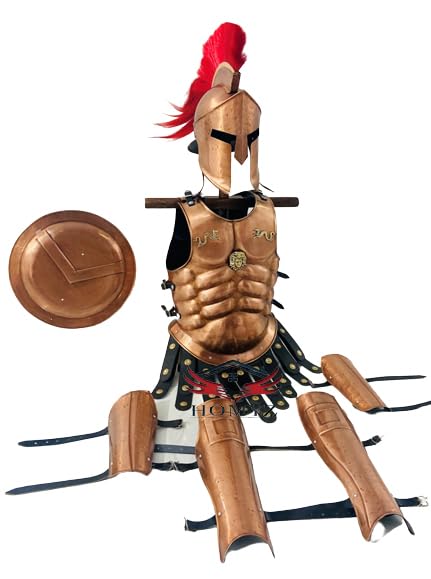 HOMYZ Spartan 300 Casco medieval griego romano rey Leónidas, chaqueta de armadura muscular, pierna griega + protector de brazo, disfraz de guerrero para cosplay de Halloween