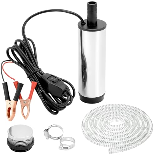 QWORK® 12V Water Pump 51MM, Diesel Pump with Clip, Stainless Steel, 3 Meter Power Cord, Filter Removable, 4M Hose, for Diesel, Kerosene, Water