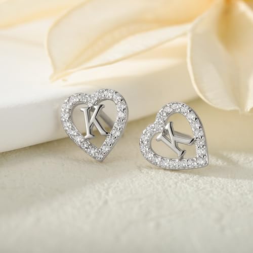 Image of Anoup Heart Initial Earrings for Girls Gifts - S925 Sterling Silver Post CZ Hypoallergenic Stud Initial Earrings for Women Teen Girls Birthday Gifts for Kids Jewelry
