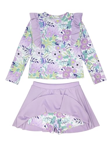 Image of Girls Rash Guard Swimsuit Set Long Sleeve 2 Pieces Bathing Suit Swimming Skirt with Shorts 4-13Y