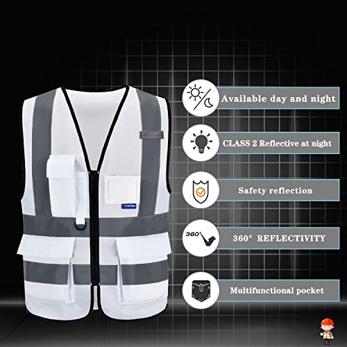 Image of Hi-Vis Reflective Vest, Transparent ID Pocket, Zipper, White, 3XL | White 3XL safety vest with 7 pockets, transparent ID pocket and radio mic loop for authorized visitors; unisex workwear.