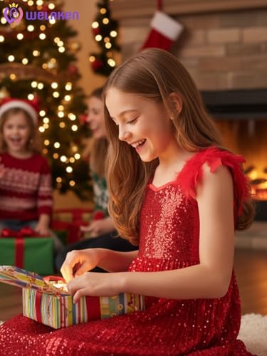 WELAKEN Girls Sparkly Sequin Dress Feather Strap Pleated Twirl Party Formal Dress3