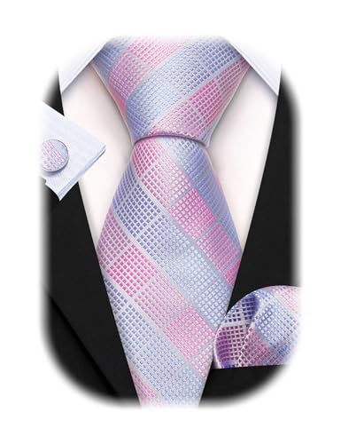 Image of Barry.Wang Plaid Ties Check Mens Necktie Set with Handkerchief Cufflinks Classic Stripe