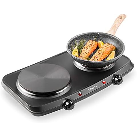 Emperial Double Hotplate Portable Camping Electric Hob 2250W, Cooktop Table Top Hot Plates for Cooking, 2 Cast Iron Rings Electric Double Burner with Thermostat & Overheat Protection Cover