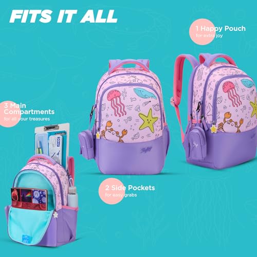 Image of Skybags Ruby Soft Feel Fabric 3 Compartments 2 Bottle Pockets Detachable Happy Pouch 22 Liters School Backpack For Girls
