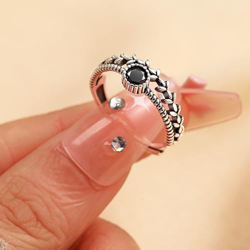Layered Black Onyx Leaf Ring for Women Men Adjustable Leaf Stacking Ring Dainty S925 Sterling Silver Double Layer Statement CZ Black Birthstone Engagement Promise Ring Birthday Jewelry2
