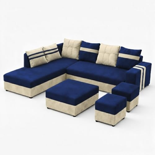 Image of Stova Luxe Velvet-Suede Fabric 8 Seater LHS L Shape Sofa Set | with 2 Ottoman & Centre Table| Comfortable & Spacious Seating | Modern Sofa Set for Living Room - Dark Blue & Cream