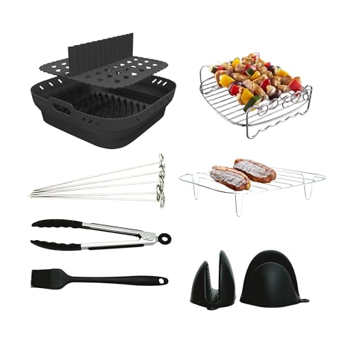 Air Fryer Accessories 8 pcs Set - Square Airfryer Silicone Liners, Rack, Skewer, Tongs & Oven Mitts for 10 Inch Fryers, Easy use with Cosori & Ninja- by HappiNest