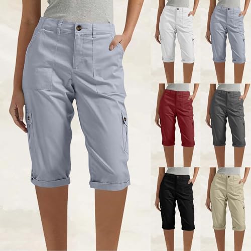 HGps8w Capris for Women Summer 2025 Casual Cropped Cargo Pants Stretch Eastic Waist Sweatpants with Pockets2