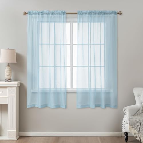 Image of Blue Sheer Curtains 63 Inch Length, Privacy Semi Sheer Curtains for Living Room Bedroom, Light Filtering Rod Pocket Voile Window Drapes 2 Panels Set, Each 42 inch W x 63 inch L