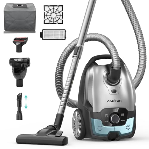 Image of Aspiron Canister Vacuum, 1700W /45KPA Bagged Vacuum Cleaner, 5L Large Capacity, Auto Cord Rewind, HEPA Filter, Low Noise, 8M Cleaning Radius, Easy to Push, for Hard Floor, Low Pile Carpet, Crack, Car