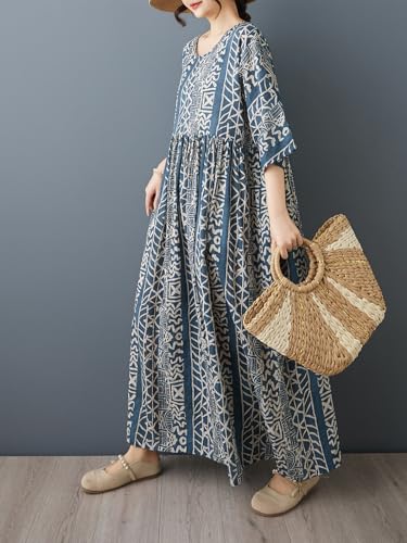 Image of Women Plus Size Dresses Summer Vintage Print O Neck Oversized Boho Vacation Casual Robe with Side Pockets