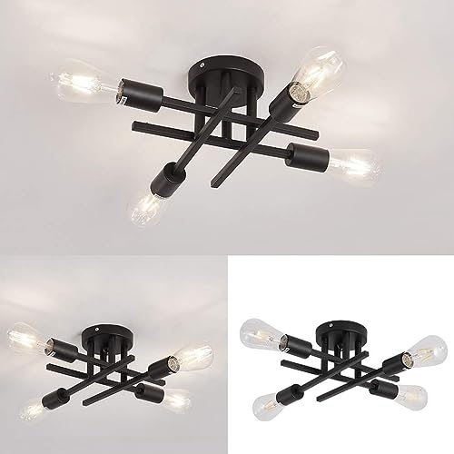 ktjes Vintage Sputnik Ceiling Light Chandelier, Black 4-Light Chandelier Lights Industrial Semi-Flush Mount Lamp for Bedroom Living Room and Kitchen Island, Suitable E27 Bulb