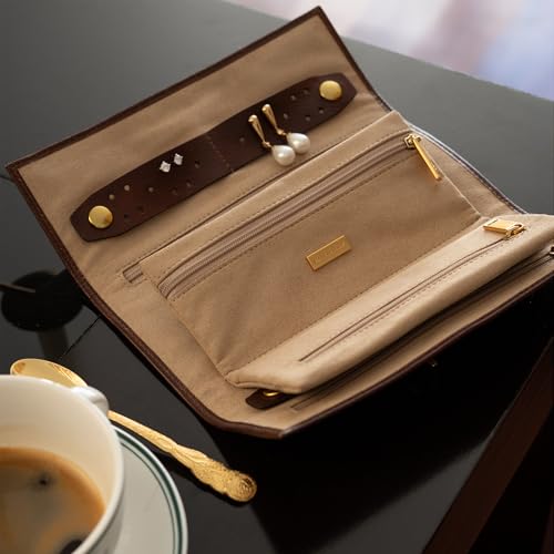 Image of Time Resistance Leather Jewelry Roll - Full Grain Leather Travel Jewelry Case - Jewellery Organizer Made in Italy (Brown)