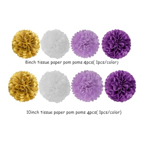 Image of Purple White-Gold Party-Decorations Graduation Banner - 8pcs Kits Class of 2026 Cap Garland Streamers, Paper Tissue Pom Poms Flowers, Congratulations Grad Decor Lasting Surprise