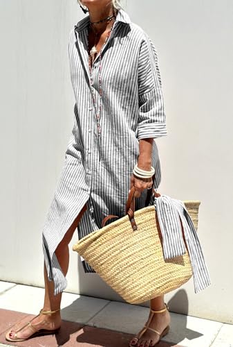 Image of chouyatou Women's Summer 3 /4 Sleeve Striped Shirt Dress Belted Maxi Long Casual Button Down Beach Dress