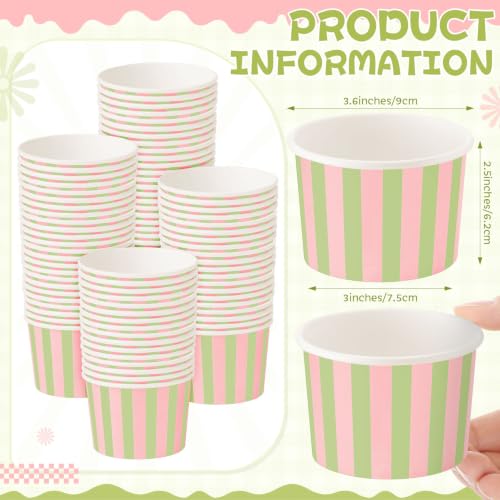 Image of Zopeal 50 Count Pink and Green Striped Ice Cream Cups Paper Dessert Bowls