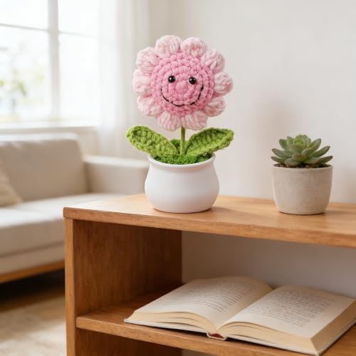 Image of 13CM Height Handmade Crochet Smiling Flower Pot for Home & Office Decor, Cute Aesthetic Desk Showpiece, Positive Vibes Table Decor, Thoughtful Gift for Friends & Loved Ones (Sunny Smile Pink)