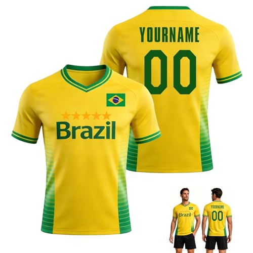 Personnalisation Coupe du Monde 2026 Maillot De Foot Enfant Adultes, Maillot Foot Personnalisés pour avec Nom & Numéro, pour Matchs Et Conjuntos Para El Día A Día (Brésil-2)