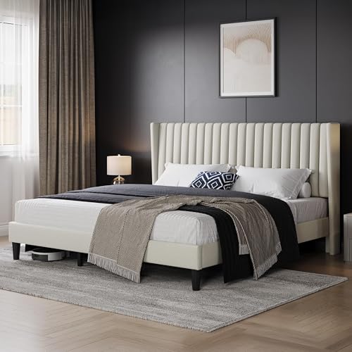 Image of Yaheetech King Bed Frame with Headboard, Ivory Channel-Tufted Platform