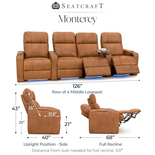 Image of Seatcraft Monterey Home Theater Seating Tawny Row of 4 Middle Loveseat | Italian Leather, Wall Hugger, Zero Gravity, Powered Headrest, Power Recline, Zero Gap, USB charging
