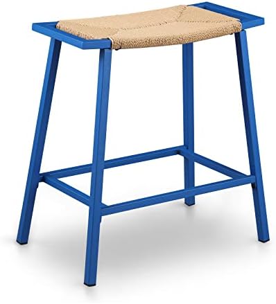 oulluo Blue Bar Stools Set of 1, Saddle Kitchen Stools for Island,RopeWeave Counter Height Stools,24" Backless Wicker Bar Stools for Kitchen,Water Proof Patio Outdoor barstools Anti-Rust Metal- 919BL1