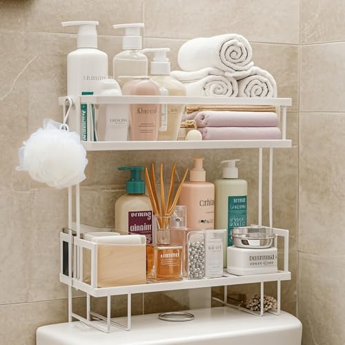 PowerKing Over The Toilet Storage Shelf, 2-Tier Bathroom Organizer Rack with 2 Hooks, No-Drill,...