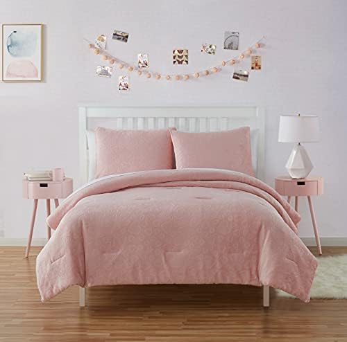 Olivia & Finn | Plush Hearts Collection | Soft Cozy Flannel Plush Microfiber Kids Comforter Set, Twin, Blush, 2 Pieces