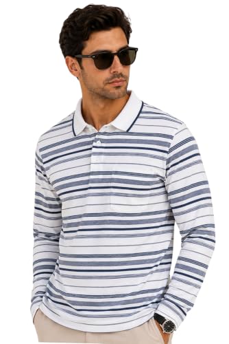 Image of SANE ORIGINALS Full Sleeves Polo Collar Tshirt for Men with Pocket || Stripe Collar and Pocket Tshirt for Men Long Sleeves Navy Blue