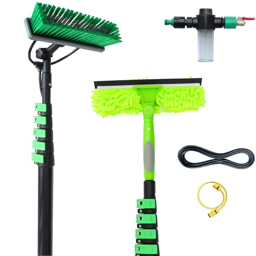 Cepillo para limpieza de ventanas, kit de lavado con pértiga telescópica de 6 m, con cepillo con alimentación de agua, escobilla de goma, dispensador de jabón y manguera de 12 m, pértiga de aluminio