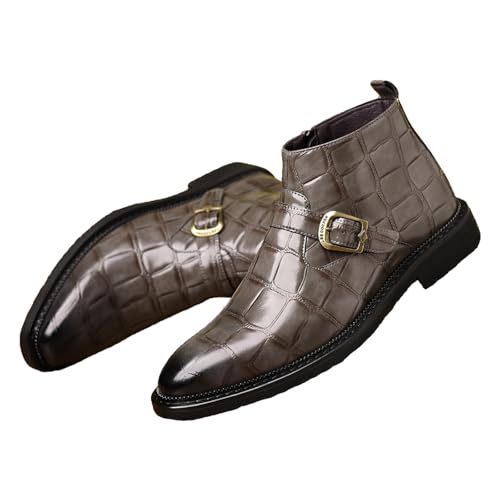 Image of Chelsea Boots for Men's Leather Print Monk Buckle Slip On Dress Boots with Side Zipper Fashion Pointed Toe Buckle Strap Classic Business Chukka Boots for Casual Work Party Oxford Booties
