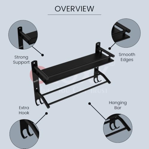 Image of GLOXY Combo Pack of 2 Black Matte Finish Washroom Storage Organizer - Premium Bathroom Stainless Steel Shelf with Towel Holder Rods - Bathroom Fittings Accessories Set for Home, Office & Restaurants