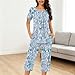 Auwer Womens Fashion Summer 2 Pc Pajamas Round Neck Short Sleeve Pleats Loose Capri Pants Printed Sleepwear with Pockets Blue