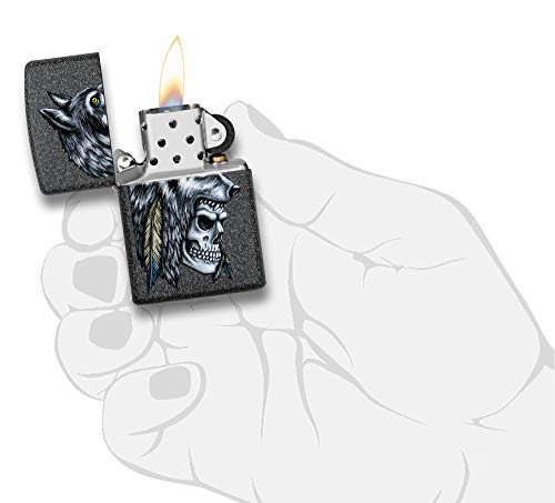 Image of Zippo Wolf Skull Feather Design Iron Stone Pocket Lighter