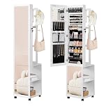 Hzuaneri 8 LEDs Mirror Jewelry Armoire, Jewelry Organizer with Garment Rack, Lockable Full-length Mirror with 4 Wheels, Storage Shelves with Hooks, 5-in-1, White and Black JC17003B
