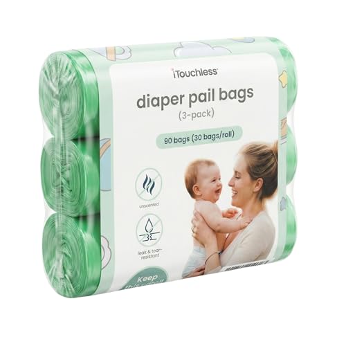 Image of iTouchless Universal Diaper Pail & Trash Can Refill Bags (90 Count) - Heavy Duty & Tear-Resistant Nursery Liners - Fits Most Systems & Small Bins - 3 Pack - Stop Expensive Refills - Odor-Lock Strength