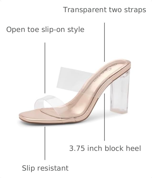 Image of Shoe Land Clear Heels for Women, Transparent Two Strap Chunky Block High Heel Mules, Slip On Square Toe Dressy Sandals for Wedding, Party, Prom