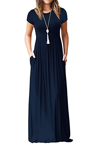 Image of EUOVMY Women's Short Sleeve Loose Plain Maxi Dresses Casual Vacation Long Dresses with Pockets