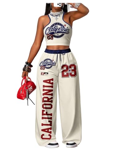 RoseSeek Women's 2 Piece Outfits Number Print Halter Crop Tank