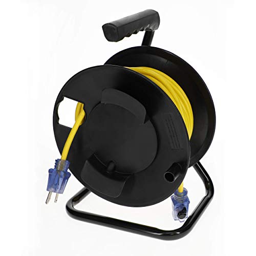 Clear Power 50ft Yellow Heavy Duty Outdoor Extension Cord 14 3 SJTW with Lighted Locking Connector & Black Portable Cord Storage Wheel with Metal Stand CPCO90005