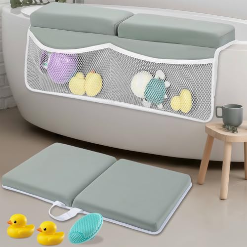 Image of Baby Bath Kneeler and Elbow Rest Pad Set | Bath Kneeling Pad for Bathing Baby with Toy Organizer Pockets，Soft Non-Slip Baby Bathtub Mat for Baby Bathing，Gifts for Parents