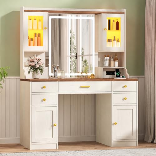 Image of CSZZD Farmhouse Makeup Vanity Desk with Lighted Mirror and RGB Cabinets | Large Vanity Table with Type-C & USB Charging Station, Adjustable 3 Mode Lights Vanity Desk with 6 Drawers & Storage Shelves
