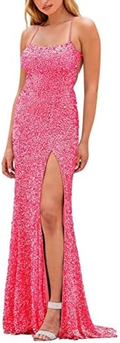 Hot Pink Long Mermaid Sequin Prom Dresses Plus Size Long Mermaid Bridesmaid Dress Slit Formal Evening Party Gown 2023 US10