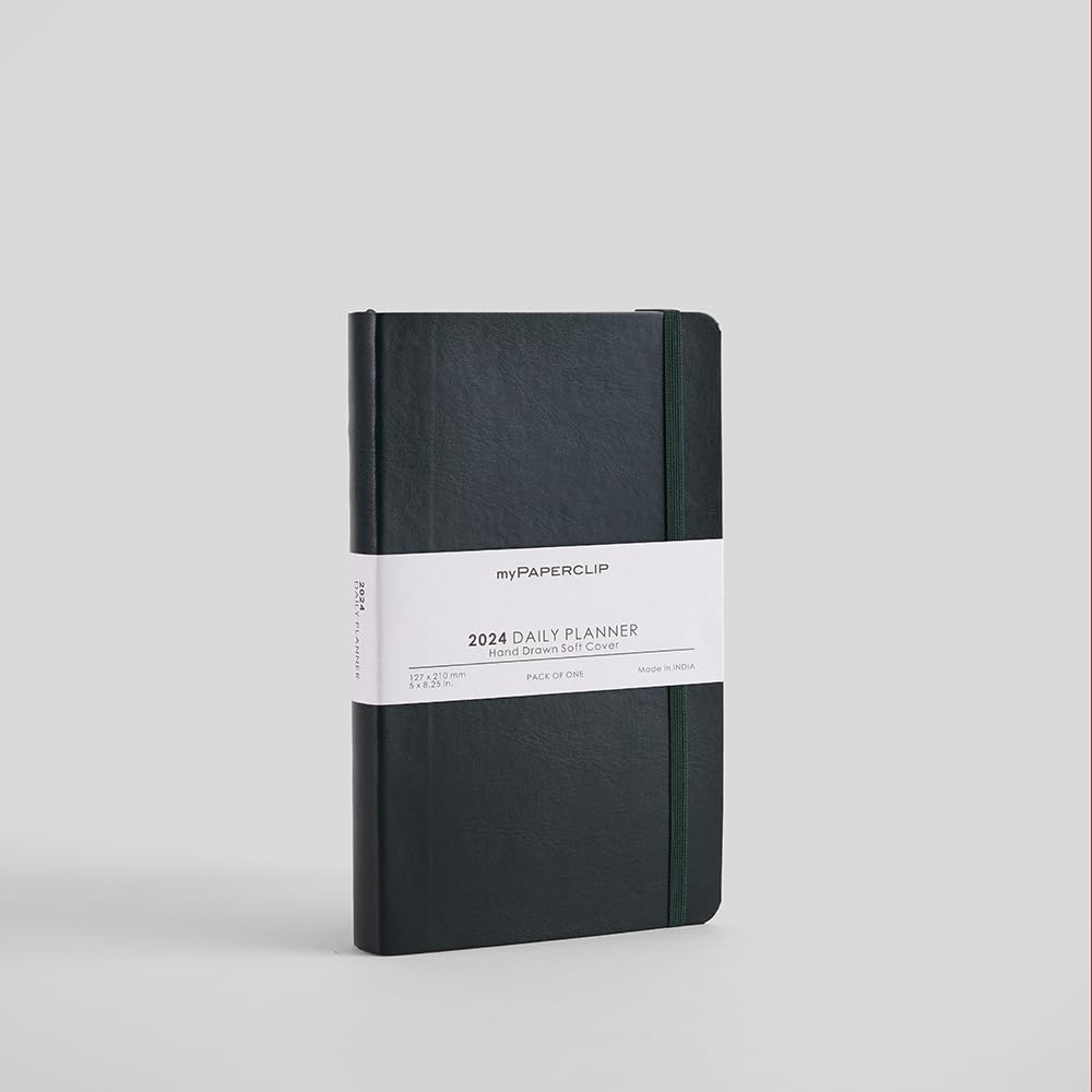 myPAPERCLIP 2024 Daily Planner, Section Thread Bound, Hand Drawn PU Back, Medium (127 x 210 mm, 5 x 8.25 in), 2024-Daily_Planner-M2_Green