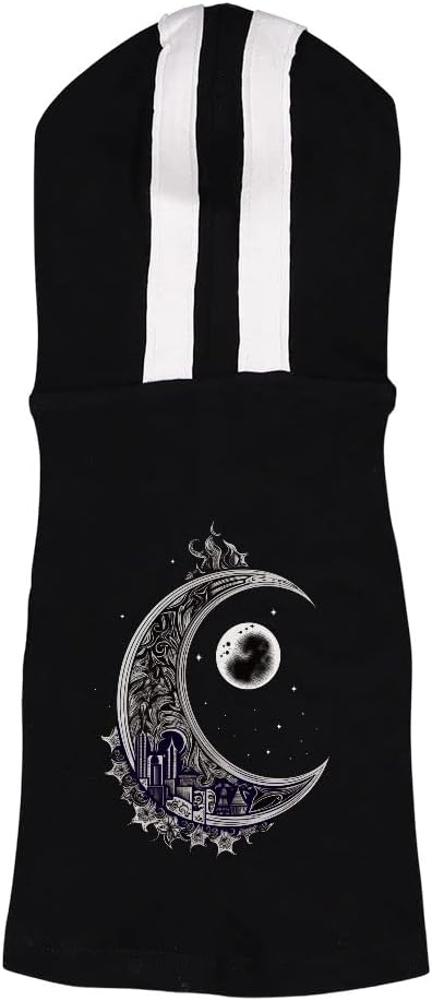 Crescent Moon Dog Shirt with Hoodie - Cool Graphic Dog Hoodie - Illustration Dog Clothing - Black White, L