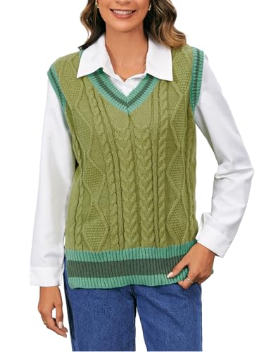 OYOANGLE Women's Striped Trim Sleeveless V Neck Pullover Sweater Vest Split Hem Tank Top Knitwear
