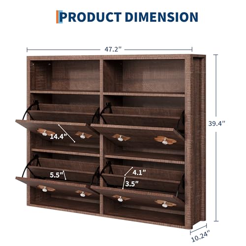 Image of GarveeHome Shoe Cabinet with 4 Flip Drawers, Narrow Wood Shoe Organizer Cabinet with Floral Pattern, Freestanding Slim Shoe Rack Cabinet with Adjustable Shelves & Open Storage, for Entryway, Brown